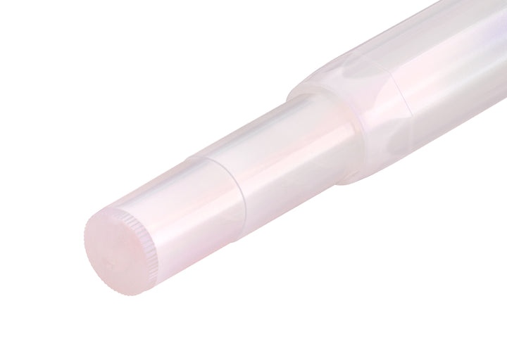 Close-up of the barrel end on the Kaweco Lunar Sport Fountain Pen in Light Purple, showing the ribbed edge and embossed Made in Germany text on the pale translucent iridescent body.