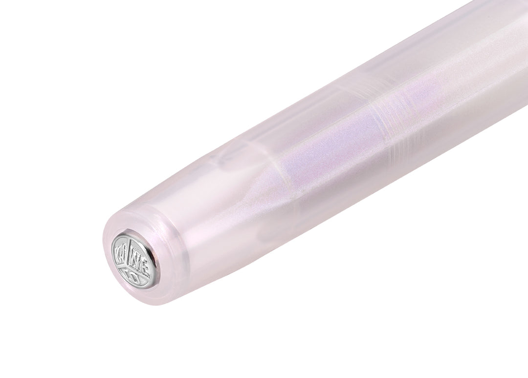 Close-up of the silver Kaweco logo finial on the Kaweco Lunar Sport Fountain Pen in Light Purple, highlighting the pale mauve octagonal cap.