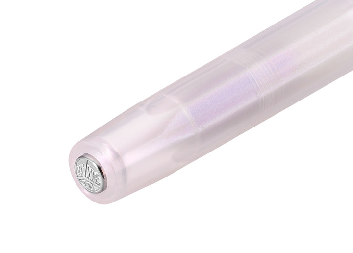 Close-up of the silver Kaweco logo finial on the Kaweco Lunar Sport Fountain Pen in Light Purple, highlighting the pale mauve octagonal cap.