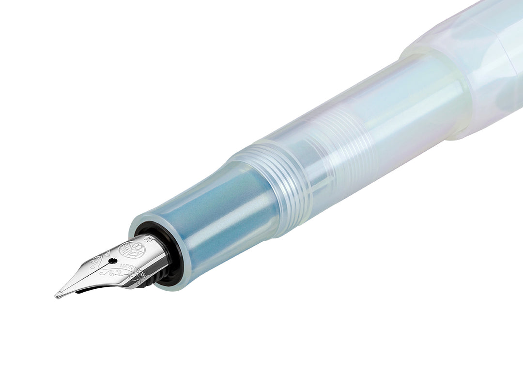 Kaweco Lunar Sport Light Blue iridescent grip section, cap threads, and stainless steel nib.