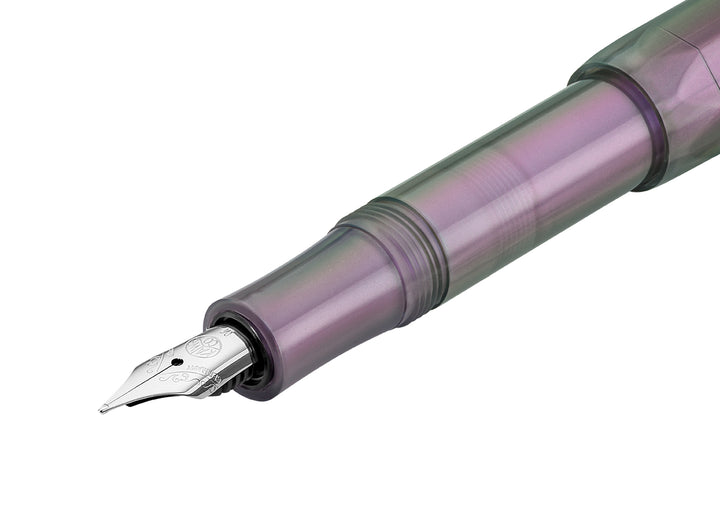 Close-up of the grip section and silver 060 stainless steel nib on the Kaweco Lunar Sport Fountain Pen in Shadow Purple.