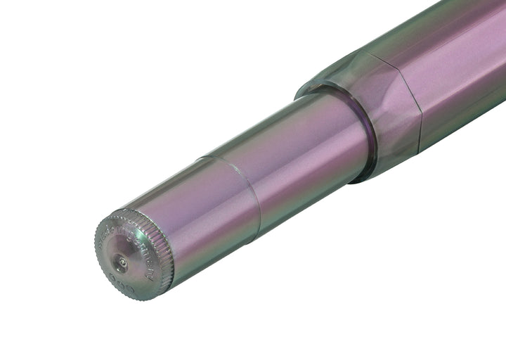 Close-up of the barrel end on the Kaweco Lunar Sport Fountain Pen in Shadow Purple, showing the ribbed edge and embossed Made in Germany text on the translucent iridescent body.
