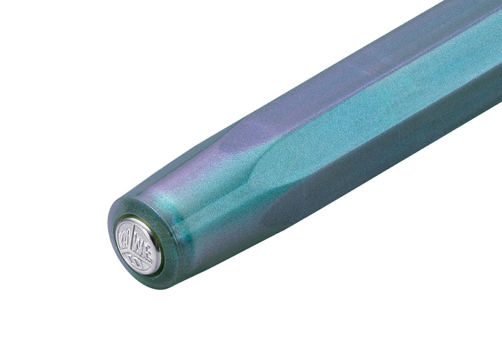 Kaweco Lunar Sport Shadow Blue fountain pen cap top with silver logo medallion.
