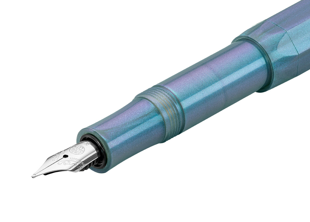 Kaweco Lunar Sport Shadow Blue iridescent grip section, cap threads, and stainless steel nib.