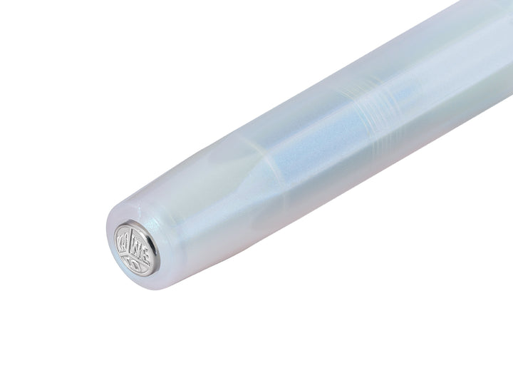 Kaweco Lunar Sport Light Blue fountain pen cap top with silver logo medallion.