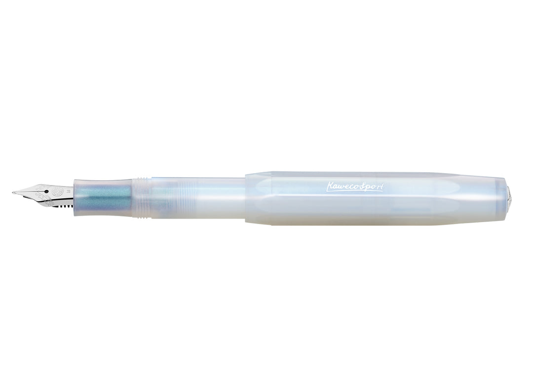 Kaweco Lunar Sport Fountain Pen in Light Blue showing stainless steel nib and posted cap.
