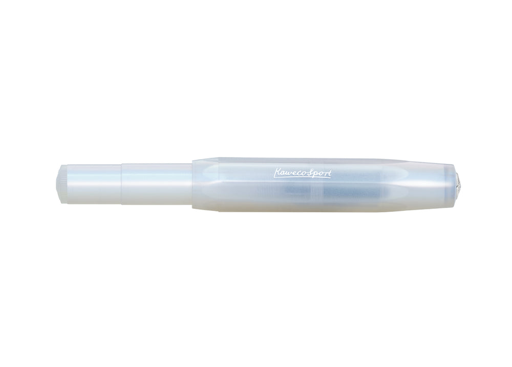 Closed Kaweco Lunar Sport Fountain Pen in Light Blue with octagonal iridescent body.