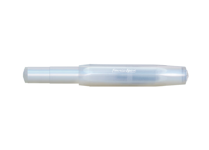 Closed Kaweco Lunar Sport Rollerball Pen in Light Blue with octagonal iridescent body.