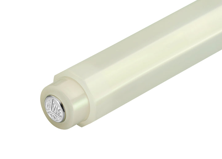 Detail view of the Kaweco Lunar Sport cap finial featuring the silver logo medallion on the shimmering Light Green finish.