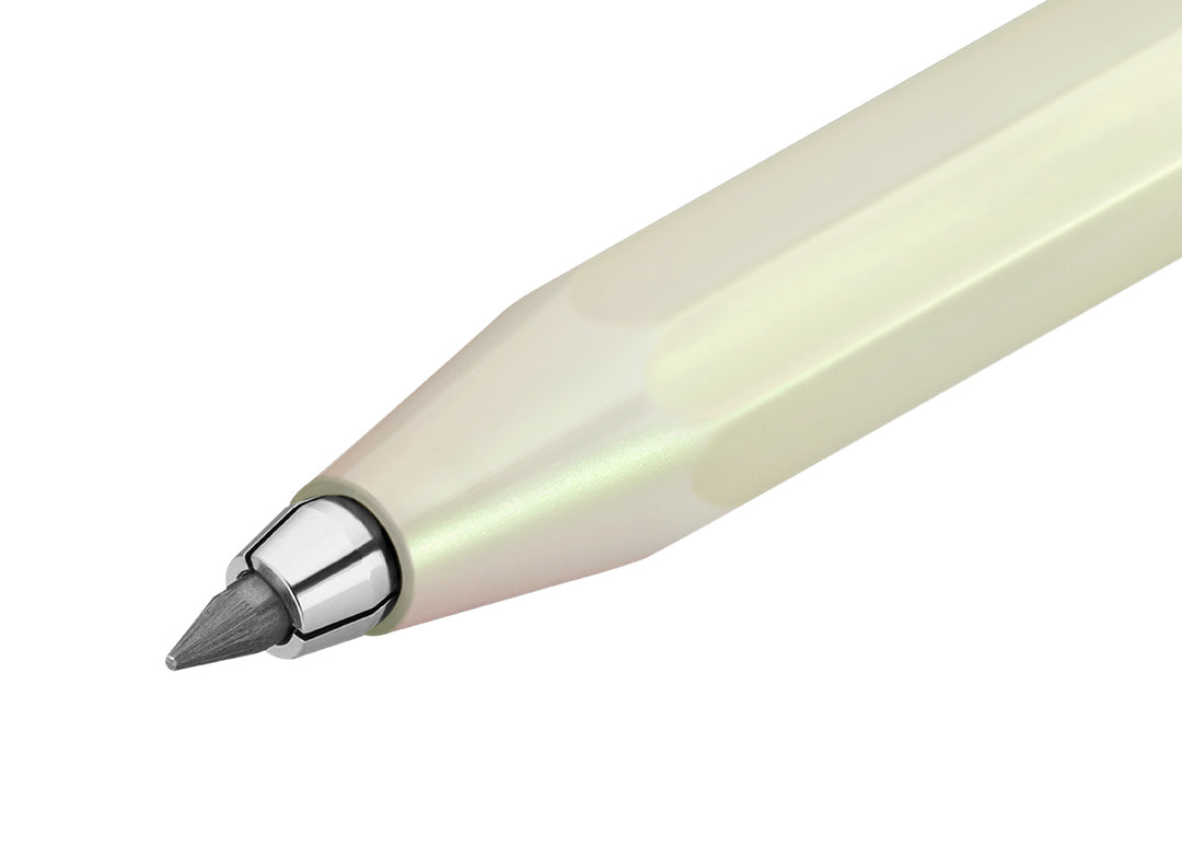 Close-up of Kaweco 3.2mm thick graphite lead (5B) extended from the Light Green clutch tip.