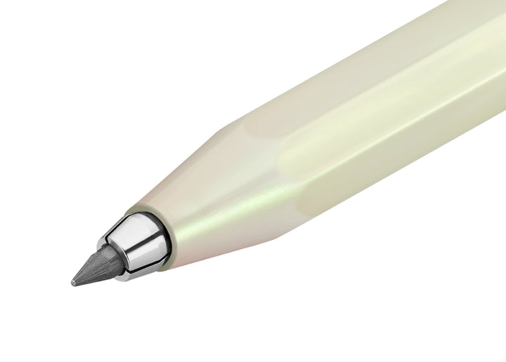 Close-up of Kaweco 3.2mm thick graphite lead (5B) extended from the Light Green clutch tip.