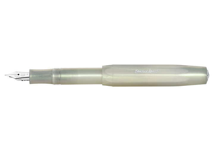 Kaweco Lunar Sport Fountain Pen in Light Green open with cap posted, showing the soft pearlescent finish.