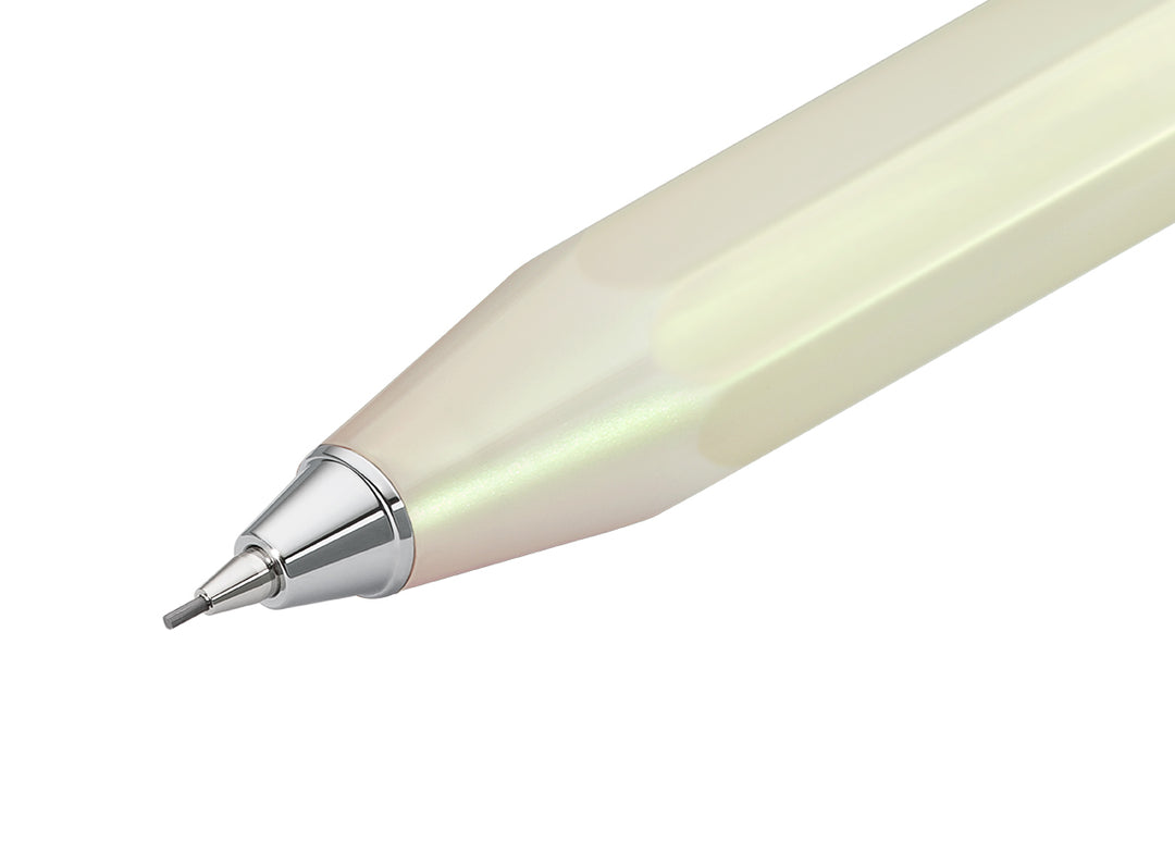 Macro shot of the silver metal cone and 0.7 mm lead extended from the Kaweco Lunar Sport Mechanical Pencil in Light Green.