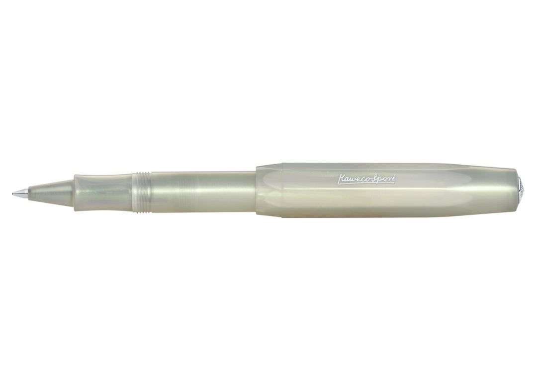 Kaweco Lunar Sport Rollerball Pen in Light Green open with cap posted, showing the soft pearlescent finish and smooth grip section.