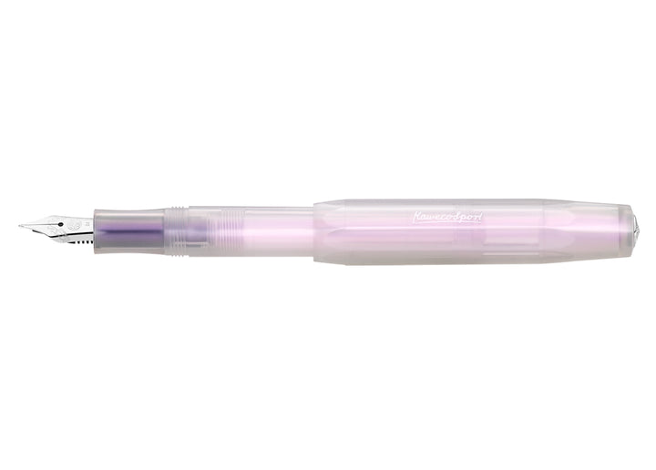 Full view of the Kaweco Lunar Sport Fountain Pen in Light Purple posted with the silver logo on the pale mauve iridescent octagonal barrel.