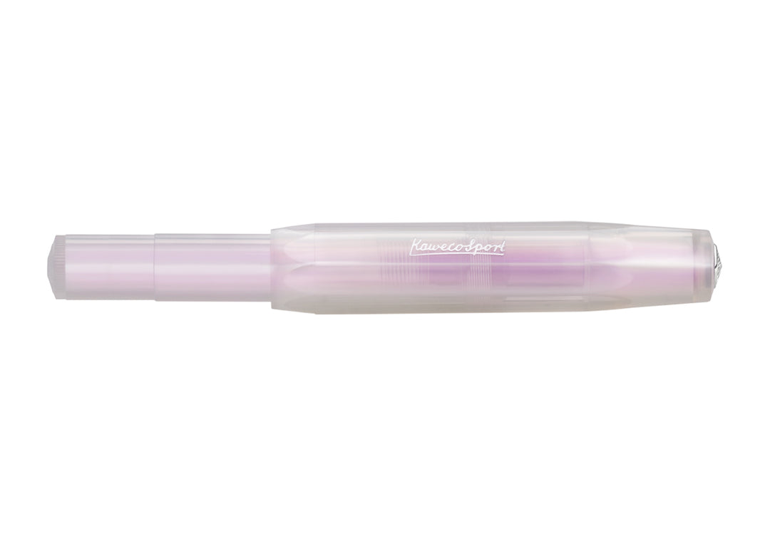 Kaweco Lunar Sport Fountain Pen in Light Purple closed, showing the silver Kaweco Sport logo on the pale mauve iridescent octagonal body.