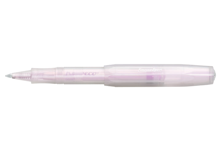 Full view of the Kaweco Lunar Sport Rollerball Pen in Light Purple posted, showing the silver logo on the pale mauve iridescent barrel.