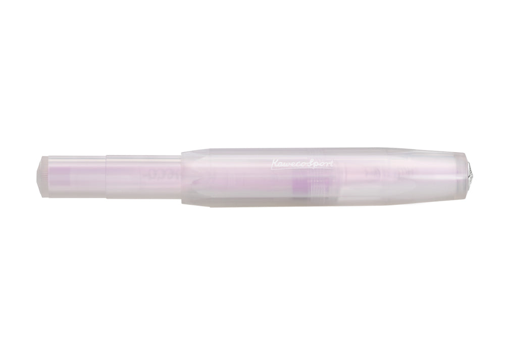 Kaweco Lunar Sport Rollerball Pen in Light Purple closed, showing the silver logo on an octagonal, pale mauve translucent iridescent body.