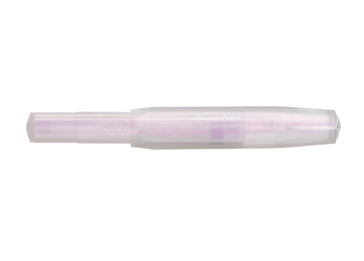 Kaweco Lunar Sport Rollerball Pen in Light Purple closed, showing the silver logo on an octagonal, pale mauve translucent iridescent body.