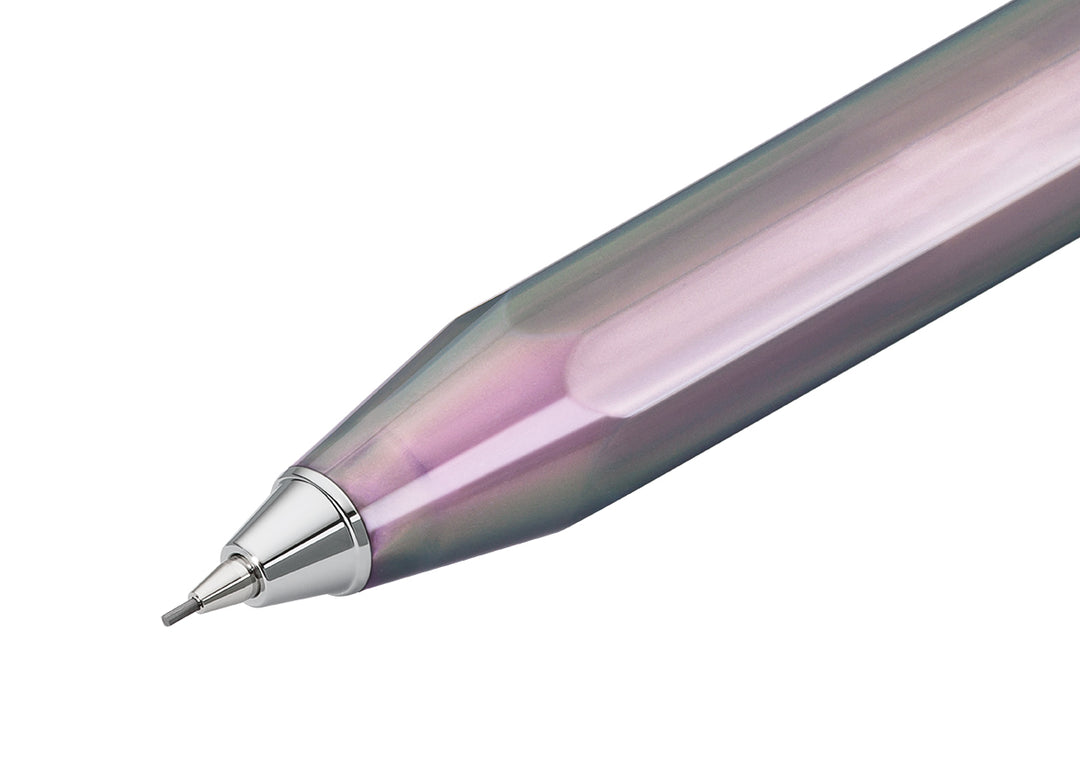 Close-up of the silver tip and 0.7 mm graphite lead extending from the Kaweco Lunar Sport Mechanical Pencil in Shadow Purple.