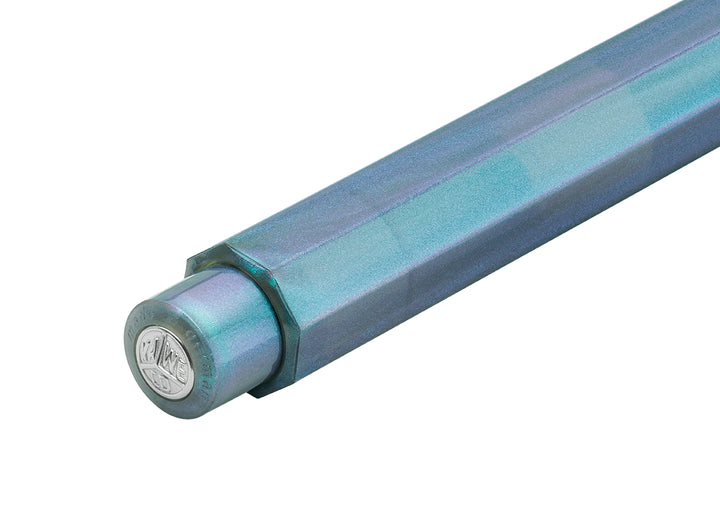 Kaweco Lunar Sport Shadow Blue mechanical pencil push-button with silver logo medallion.