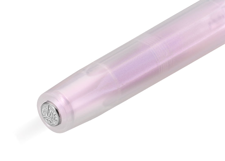 Close-up of the silver Kaweco logo finial on the Kaweco Lunar Sport Rollerball Pen in Light Purple, highlighting the pale mauve iridescent octagonal cap.
