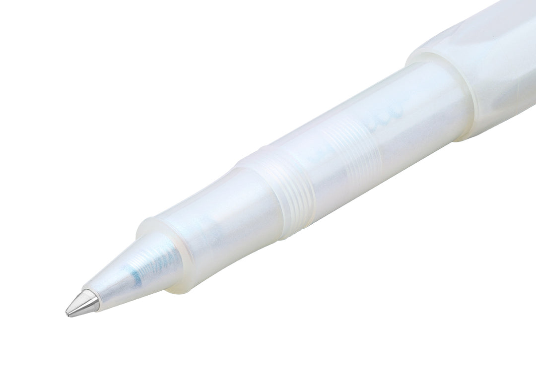 Kaweco Lunar Sport Light Blue iridescent grip section, cap threads, and metal rollerball tip.