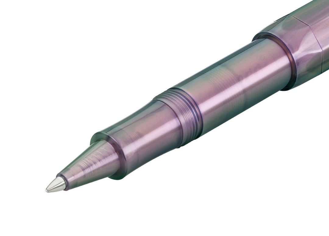 Close-up of the grip section and 0.7 mm metal rollerball tip on the Kaweco Lunar Sport Rollerball Pen in Shadow Purple.
