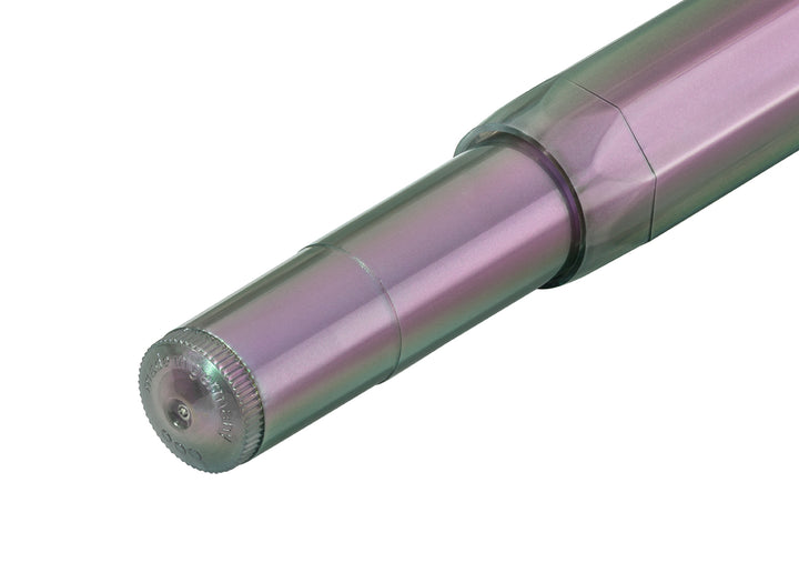 Close-up of the barrel end on the Kaweco Lunar Sport Rollerball Pen in Shadow Purple, showing the ribbed edge and embossed Made in Germany text on the translucent iridescent body.