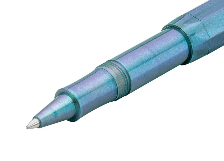 Kaweco Lunar Sport Shadow Blue iridescent grip section, cap threads, and metal rollerball tip.