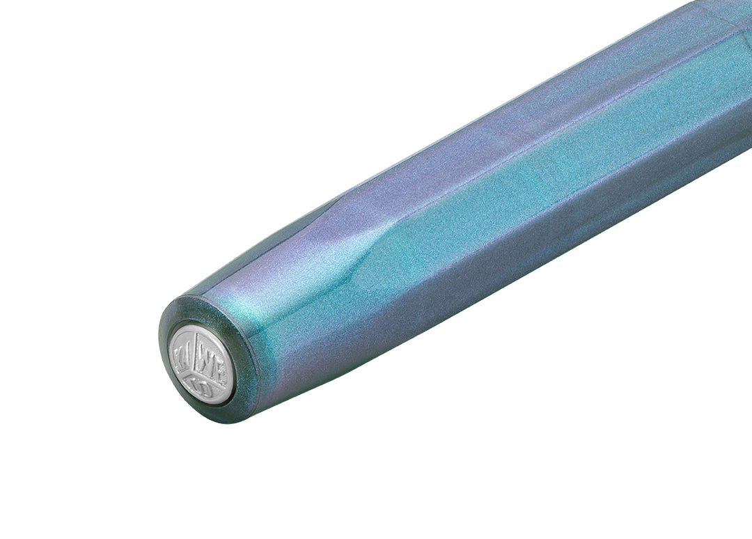Kaweco Lunar Sport Shadow Blue rollerball pen cap top with silver logo medallion.