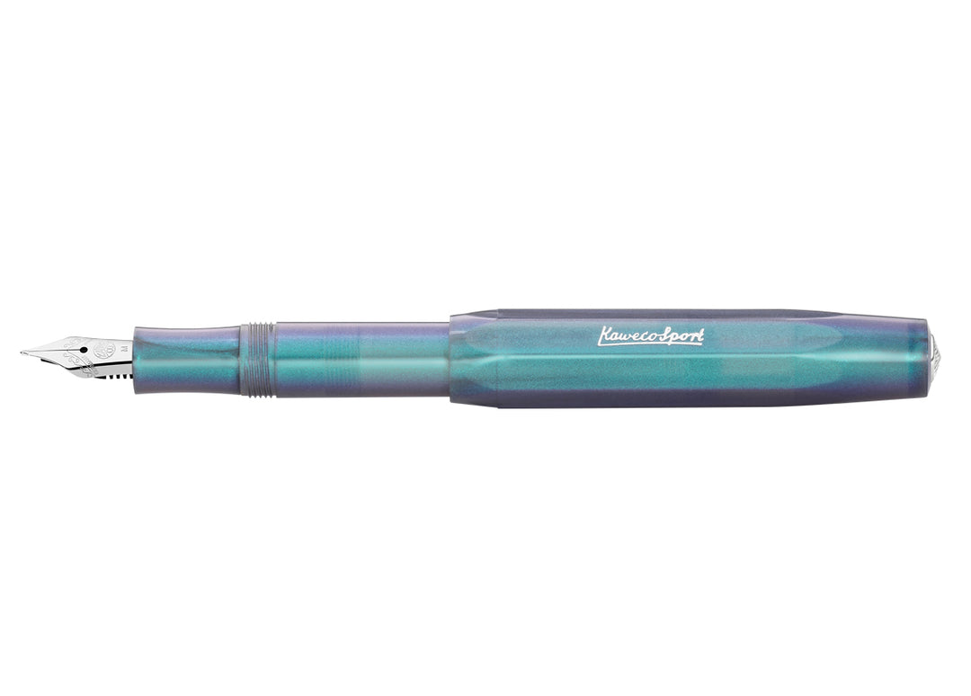Kaweco Lunar Sport Fountain Pen in Shadow Blue showing stainless steel nib and posted cap.