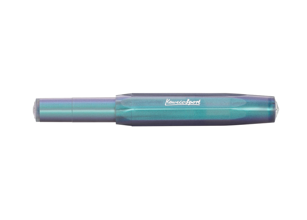Closed Kaweco Lunar Sport Fountain Pen in Shadow Blue with octagonal iridescent body.