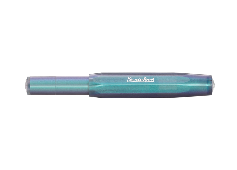 Closed Kaweco Lunar Sport Rollerball Pen in Shadow Blue with octagonal iridescent body.