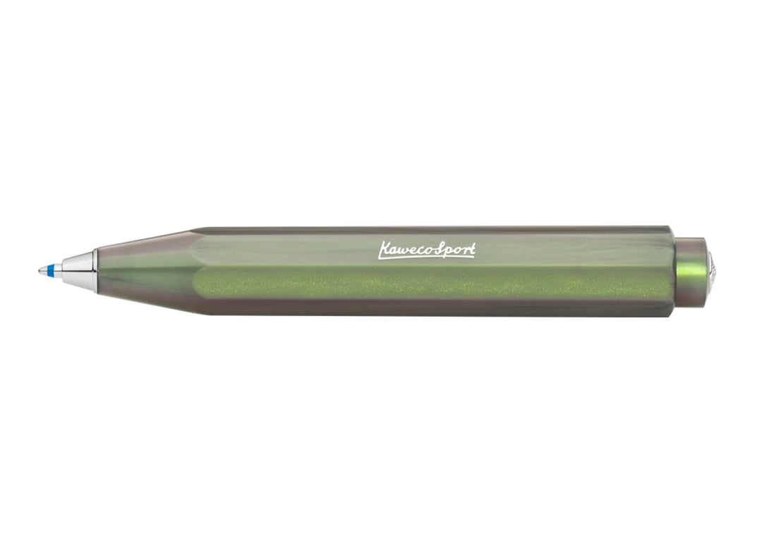 Kaweco Lunar Sport Ballpoint Pen in Shadow Green full body view showing the iridescent octagonal barrel and silver tip.