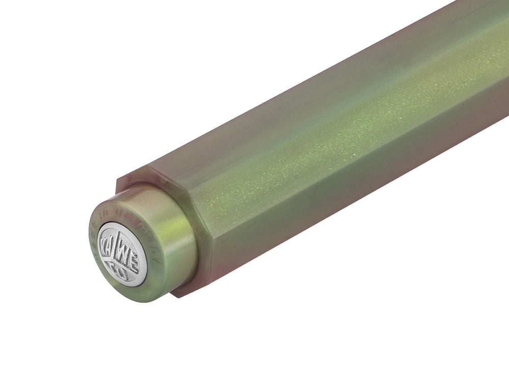 Detail view of the Kaweco Lunar Sport cap finial featuring the silver logo medallion and "Made in Germany" engraving on the Shadow Green finish.