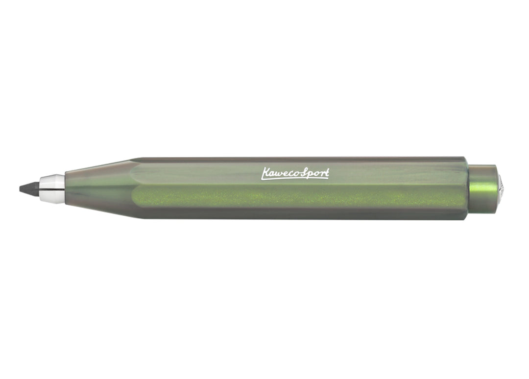 Kaweco Lunar Sport Clutch Pencil in Shadow Green full body view showing 3.2mm lead and iridescent octagonal barrel.