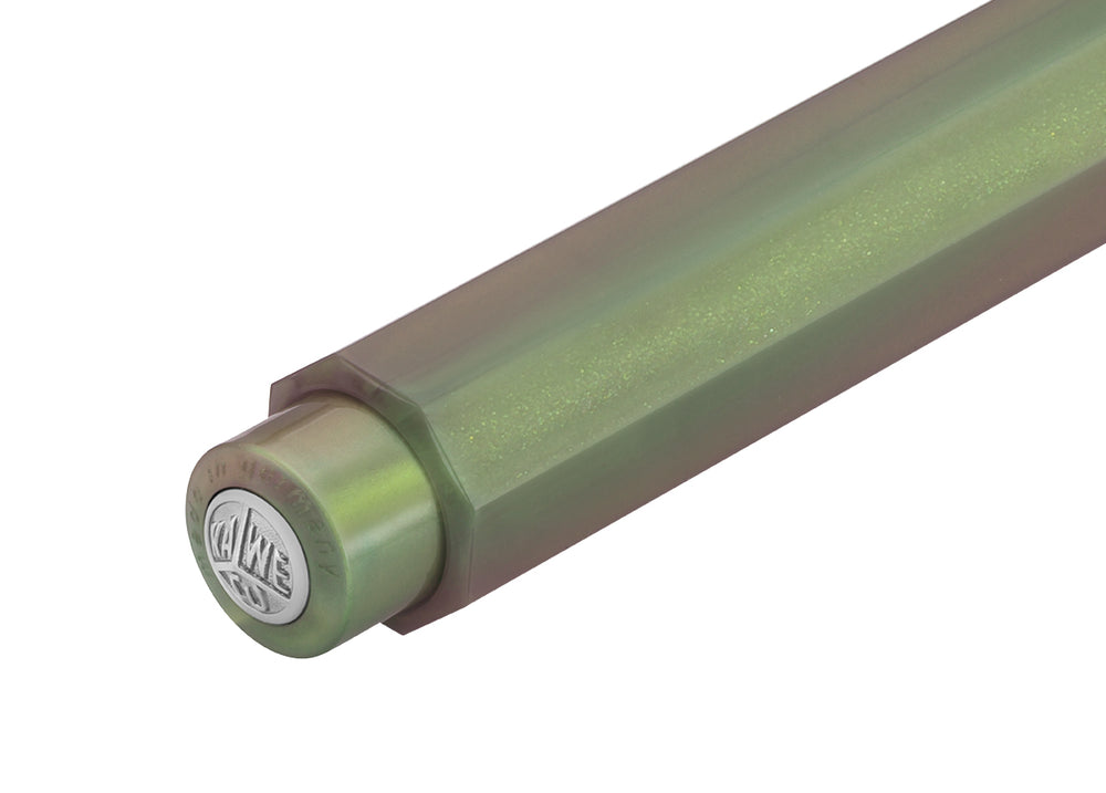 Close-up of Kaweco Lunar Sport Shadow Green push button with silver logo medallion and shimmering finish.