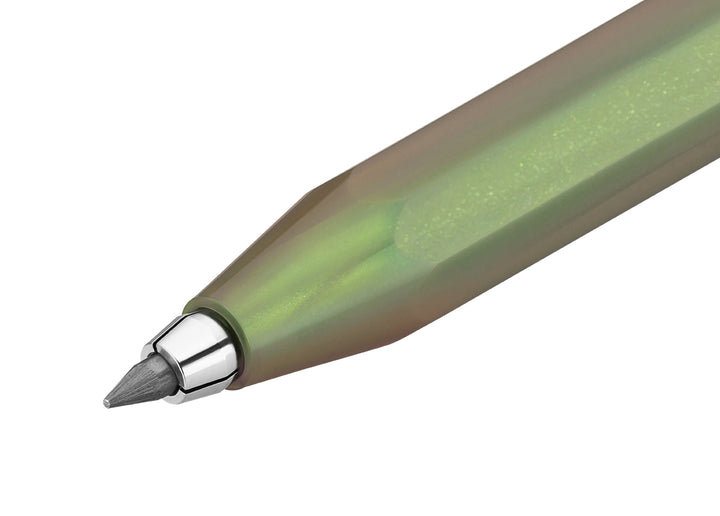 Macro shot of the 3.2mm graphite lead held by the silver drop-clutch mechanism on the Lunar Sport Shadow Green.