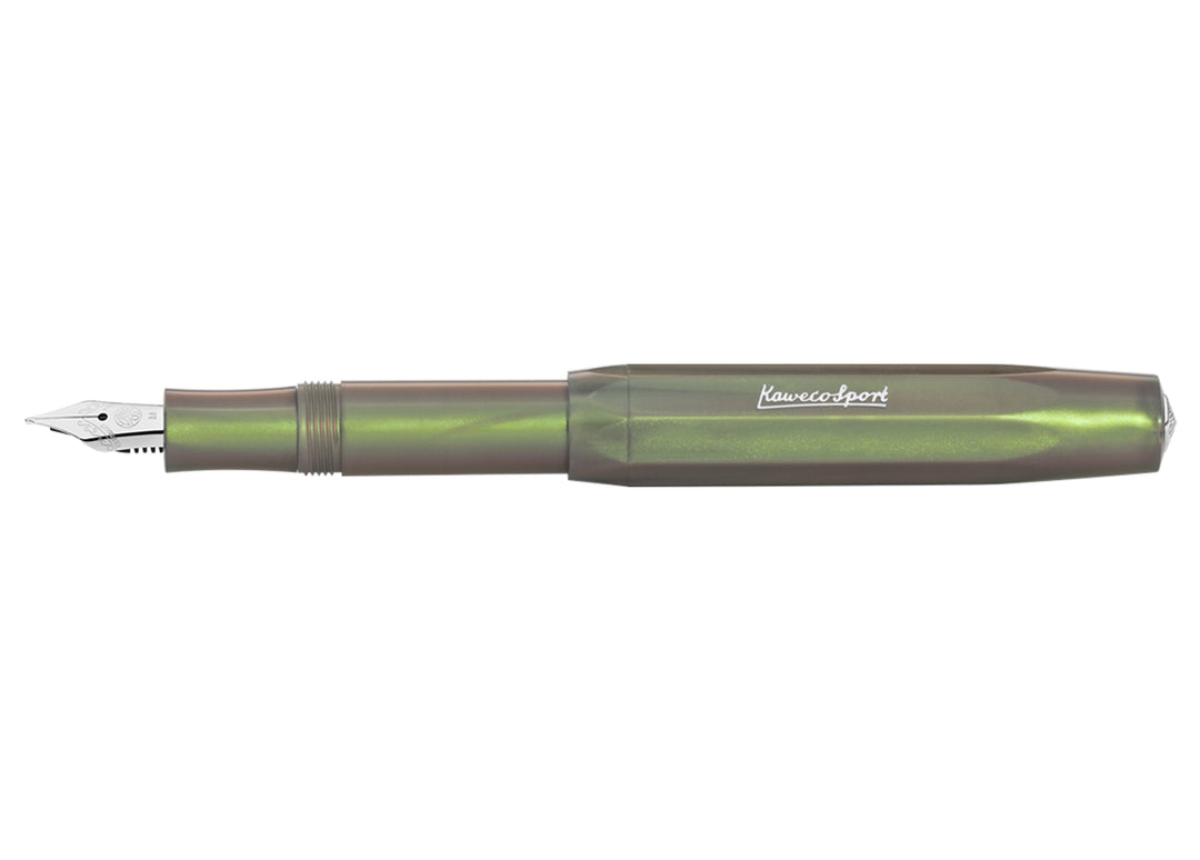 Kaweco Lunar Sport Fountain Pen in Shadow Green open with cap posted, showing the iridescent finish.