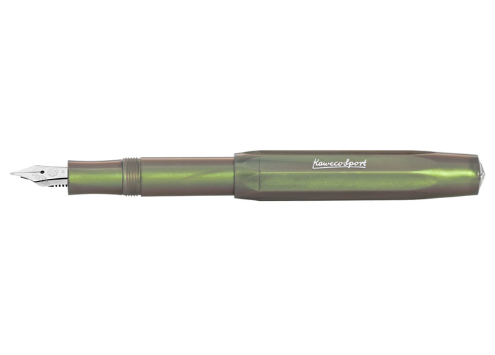 Kaweco Lunar Sport Fountain Pen in Shadow Green open with cap posted, showing the iridescent finish.