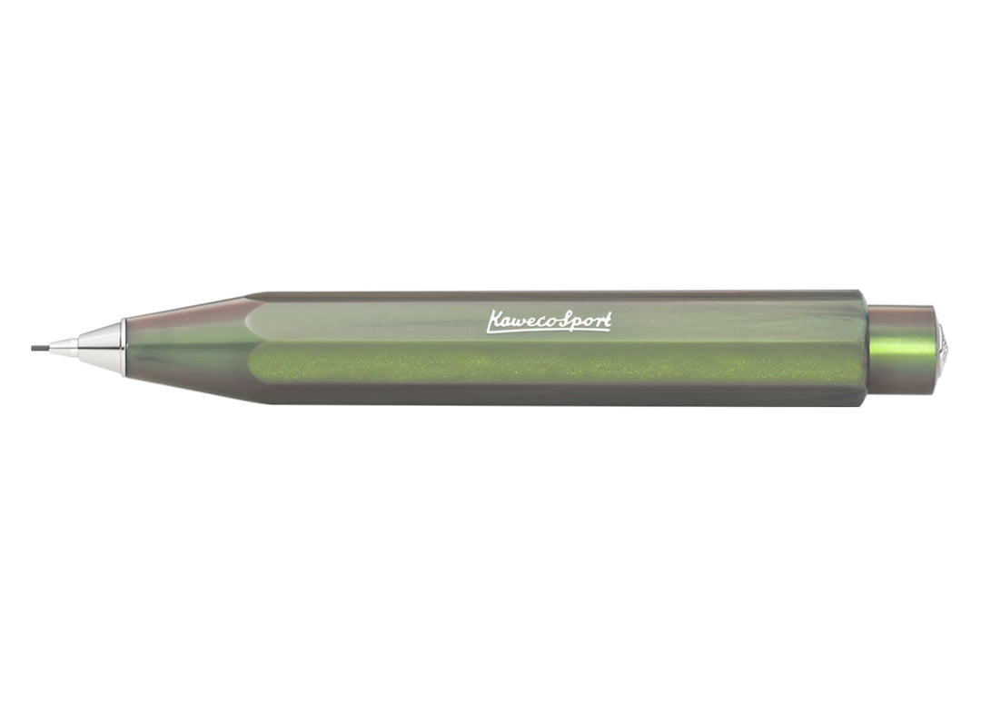 Kaweco Lunar Sport Mechanical Pencil in Shadow Green full body view showing the iridescent octagonal barrel and silver 0.7 mm tip.