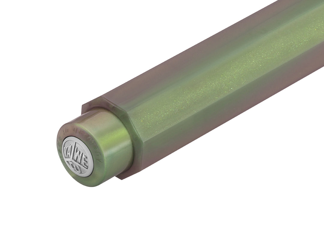 Detail view of the Kaweco Lunar Sport cap finial featuring the silver logo medallion and "Made in Germany" engraving on the Shadow Green finish.