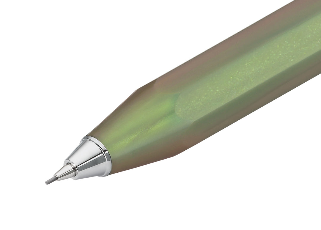 Macro shot of the silver metal cone and 0.7 mm lead extended from the Kaweco Lunar Sport Mechanical Pencil in Shadow Green.