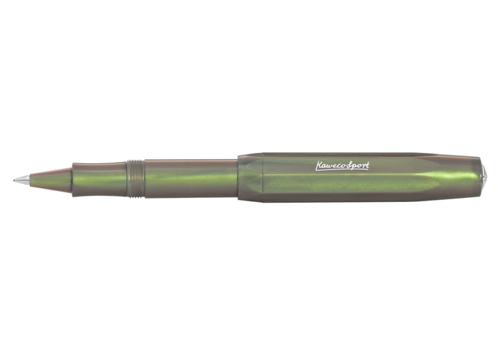 Kaweco Lunar Sport Rollerball Pen in Shadow Green open with cap posted, showing the iridescent finish and smooth grip section.