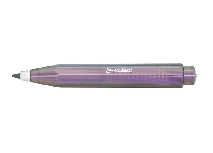 Kaweco Lunar Sport Clutch Pencil in Shadow Purple displaying the silver logo on an octagonal, semi-translucent iridescent barrel.