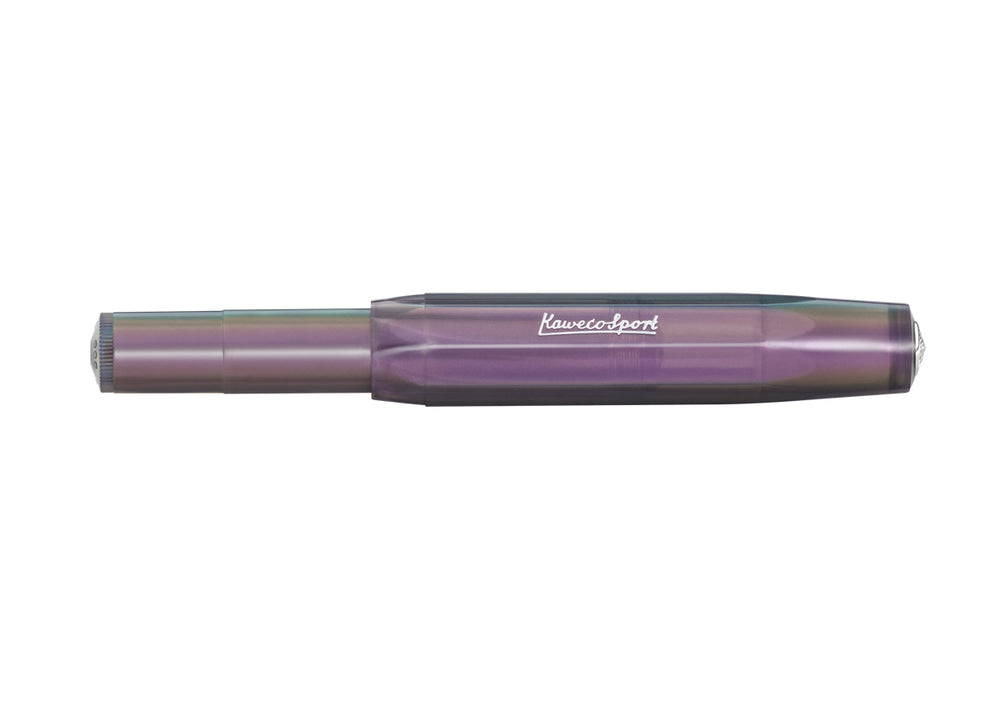 Kaweco Lunar Sport Fountain Pen in Shadow Purple closed, showing the silver Kaweco Sport logo on the dark iridescent octagonal body.