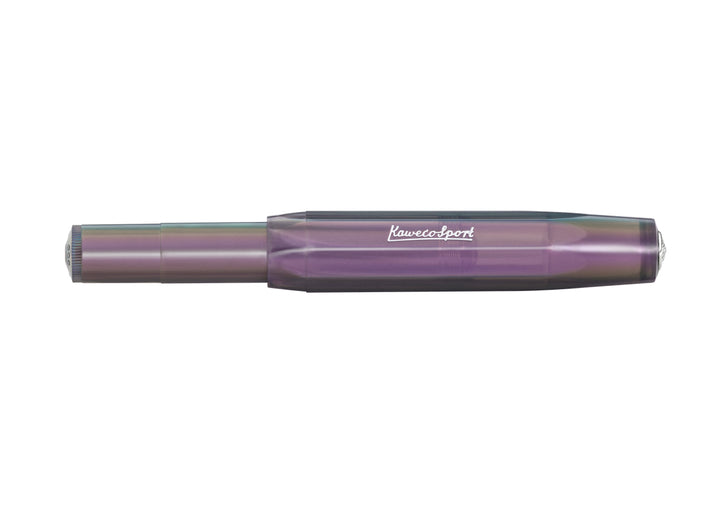 Kaweco Lunar Sport Fountain Pen in Shadow Purple closed, showing the silver Kaweco Sport logo on the dark iridescent octagonal body.