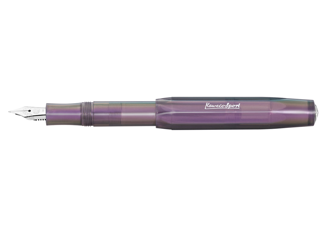 Full view of the Kaweco Lunar Sport Fountain Pen in Shadow Purple posted with the silver logo on the dark iridescent octagonal barrel.