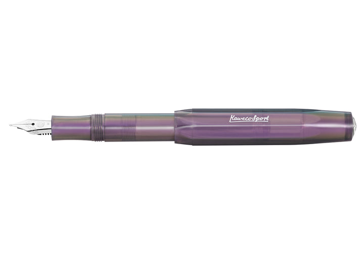 Full view of the Kaweco Lunar Sport Fountain Pen in Shadow Purple posted with the silver logo on the dark iridescent octagonal barrel.